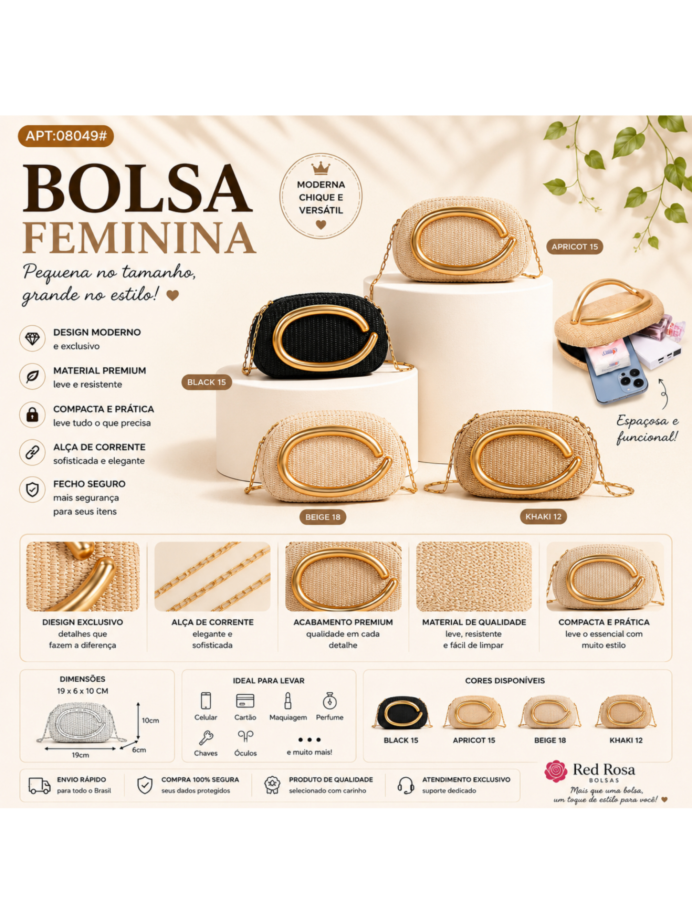 Bolsa Feminina palha 08049 - Red Rosa | ZAX