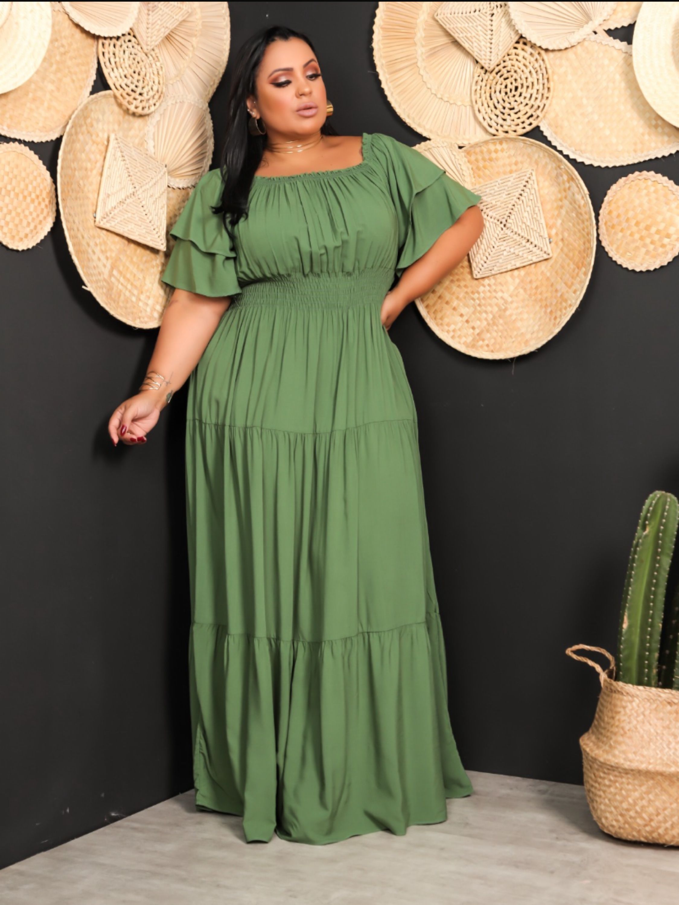 Vestido longo ciganinha Plus size tecido visco linho Nosso Jeito