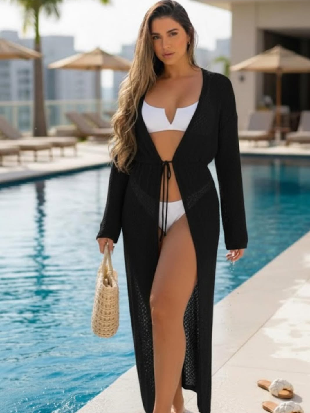 Saída de Praia longa, manga longa tricô. - Eshop Moda Tricot | ZAX