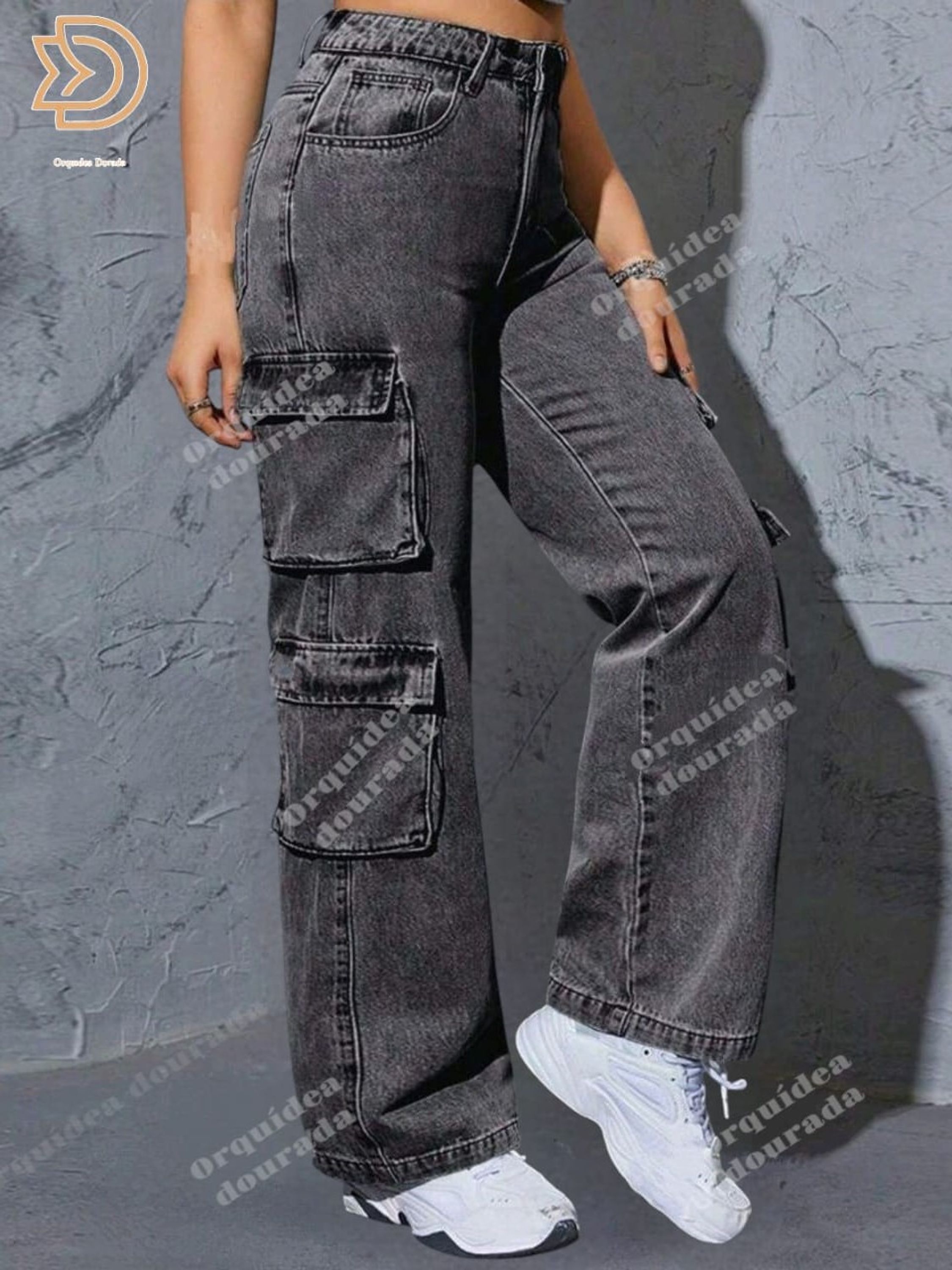Cargo grafite jeans com várias bolsas - Orquidea Dourada | ZAX