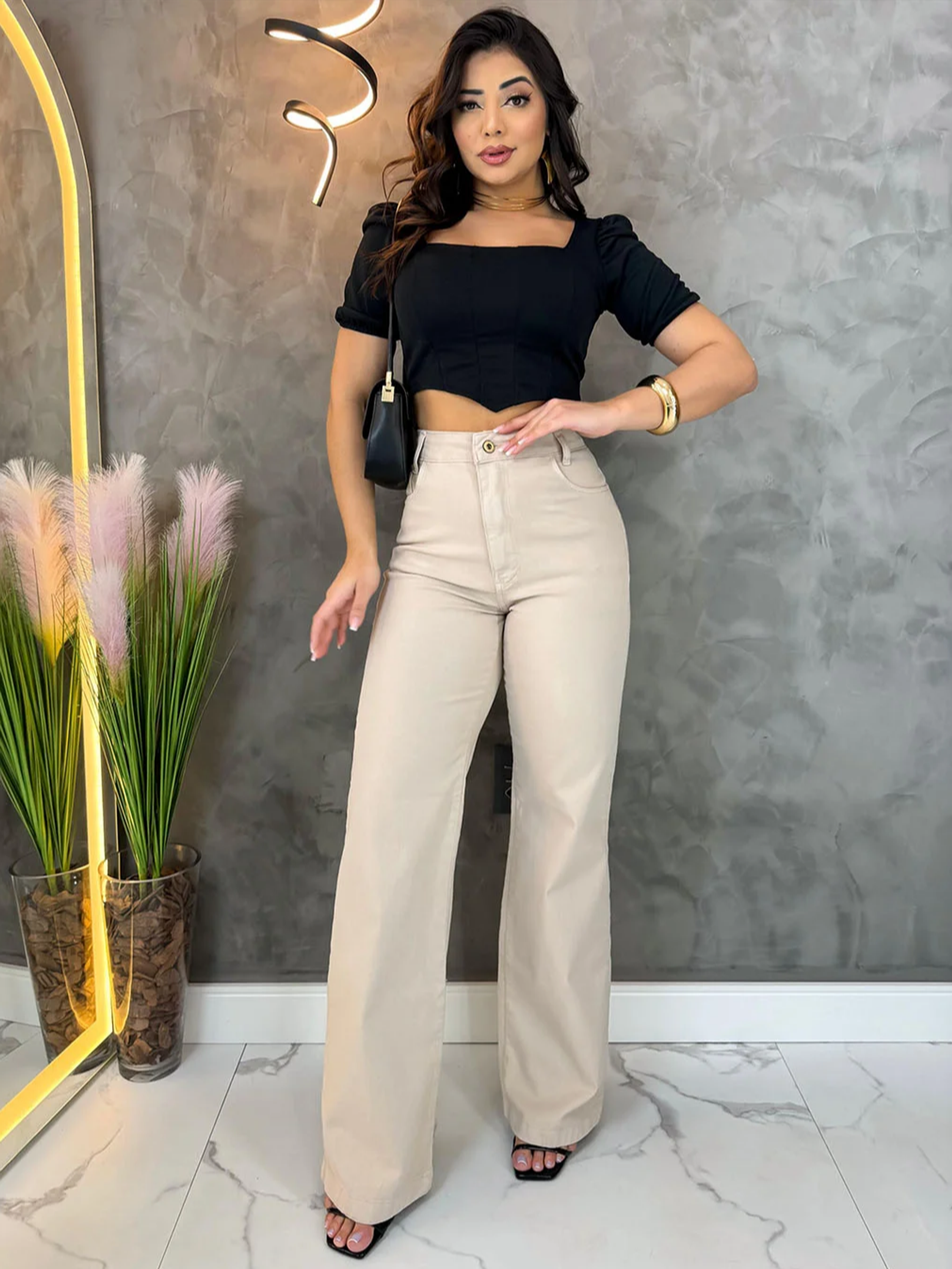 Calça Wide leg jeans feminina - Orquidea Dourada | ZAX