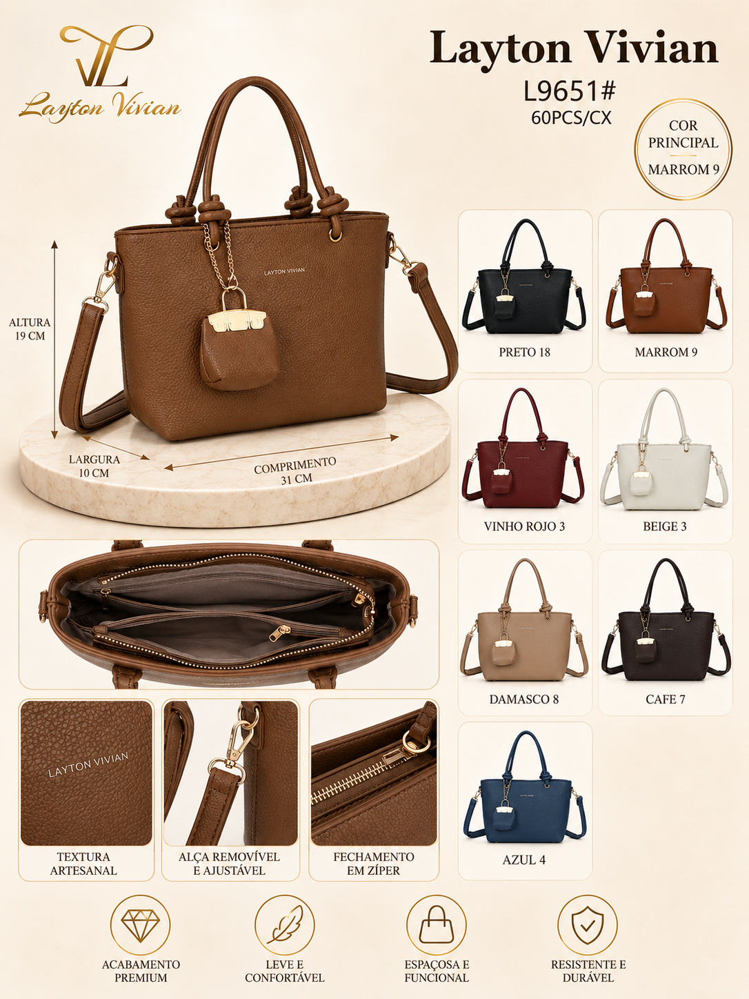 Bolsa Feminina L9651 Tote Grande com Alça Transversal - Layton