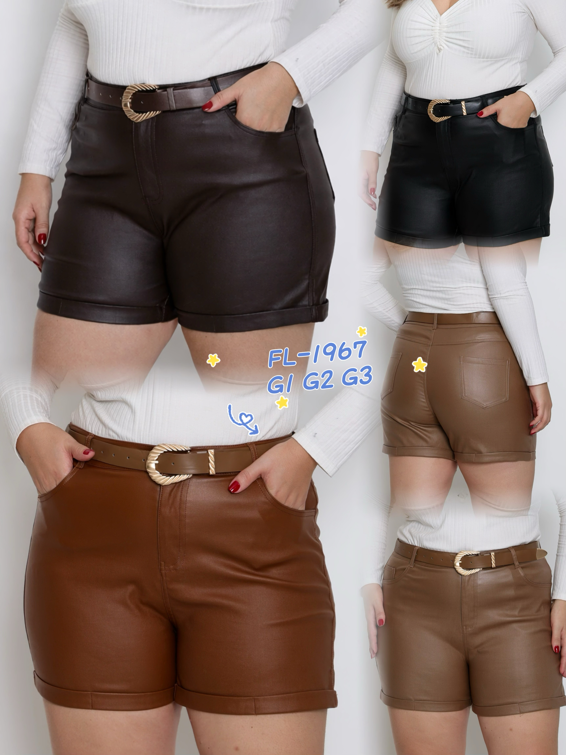 Plus Size de short de resinada com cinto 1967 - Flora | ZAX