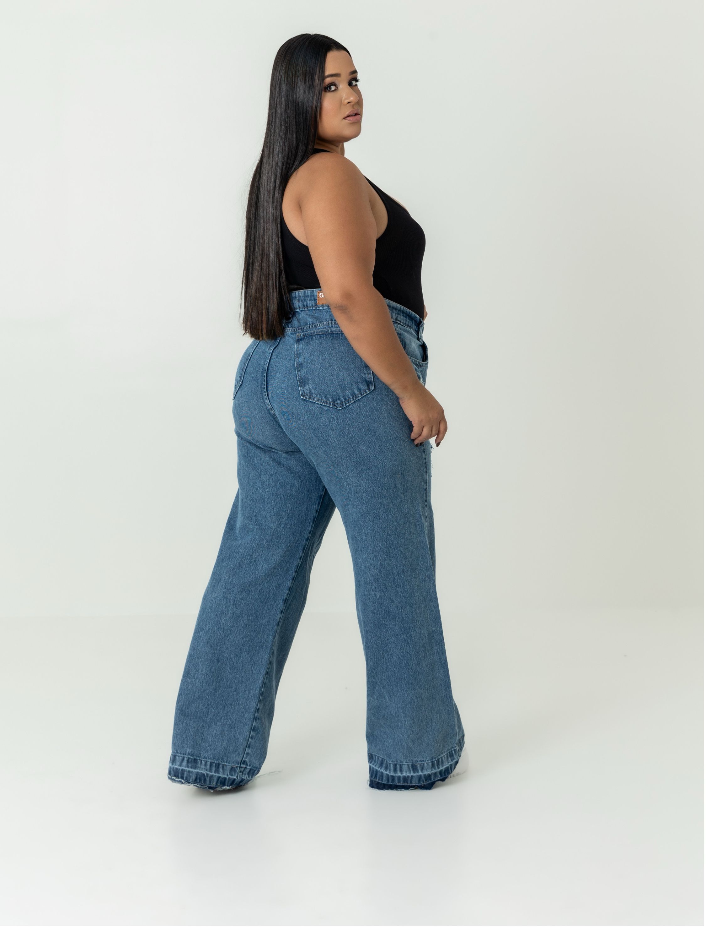 Calça wide leg jeans feminina plus size - Tinder Jeans | ZAX