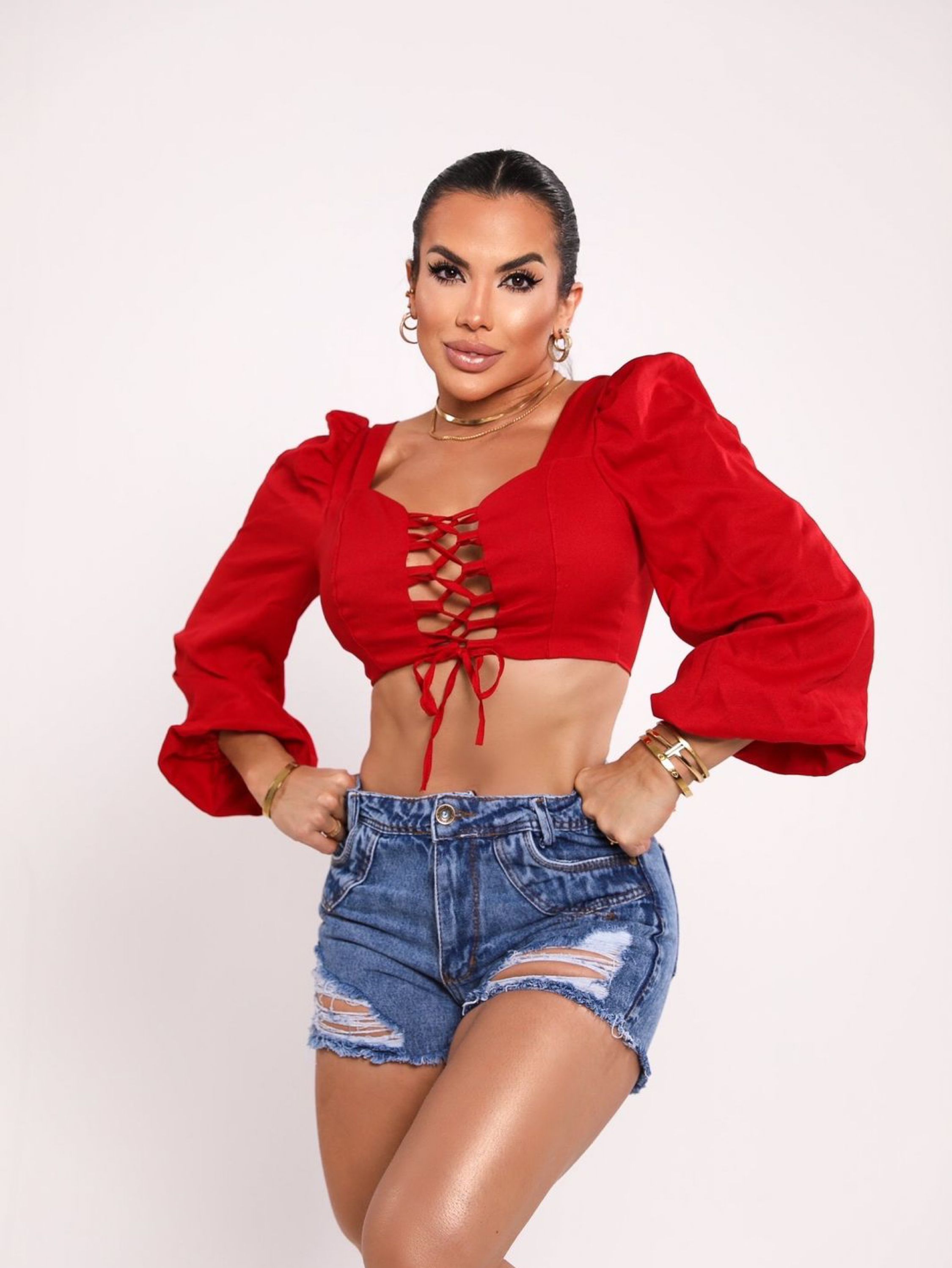 Red Lace Up Back Long Sleeve Crop Top