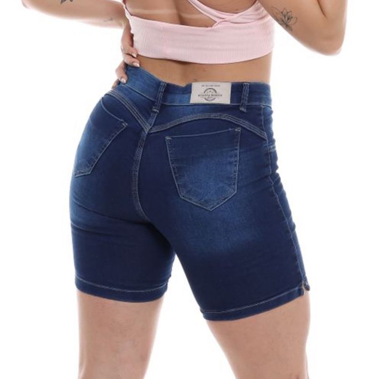 Bermuda jeans azul feminina meia coxa barra desfiada - HR Rihanna Fashion