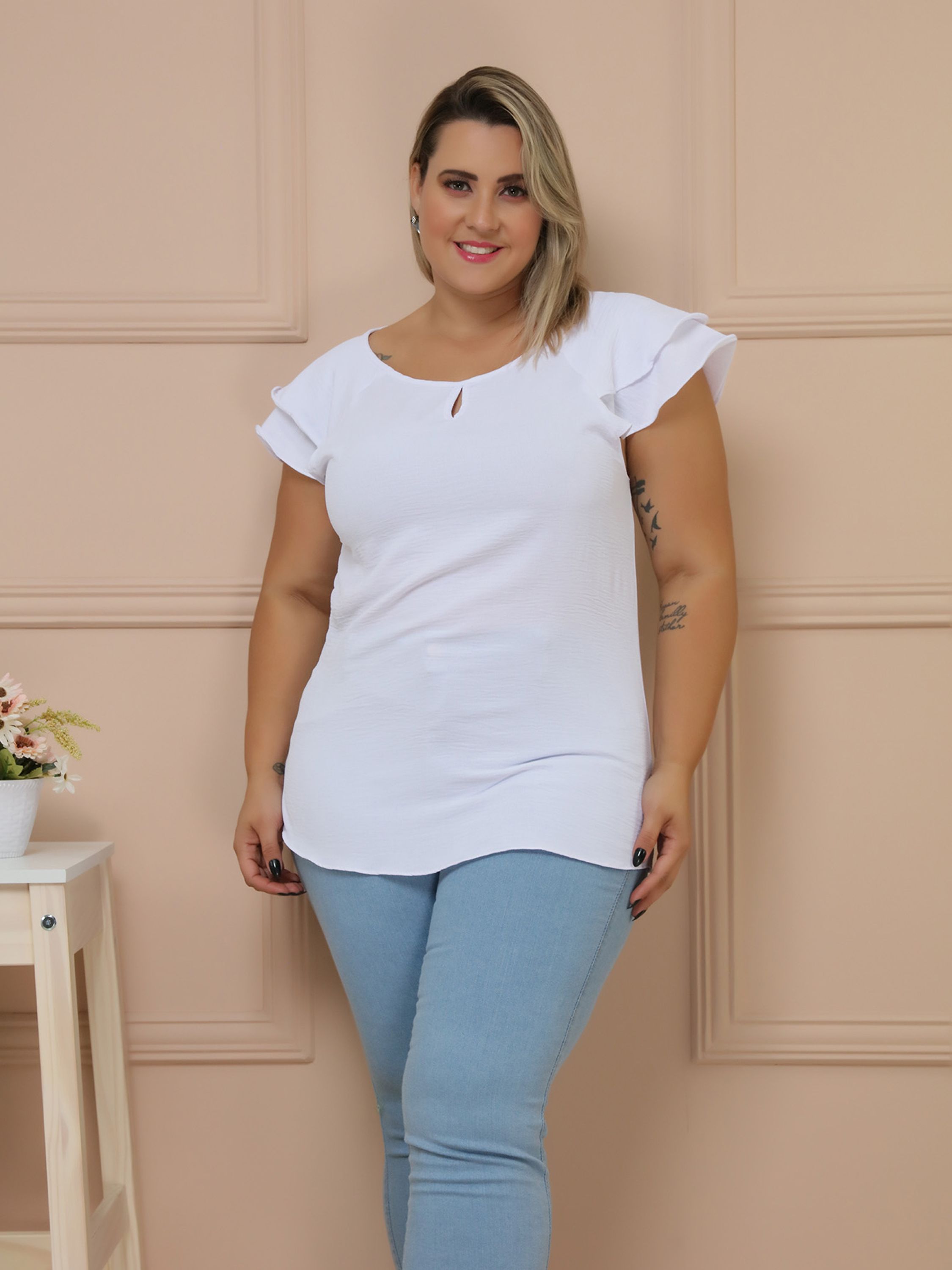 Blusa Social Feminina Plus Size Com Babado Manga Moda Verão - Xiao