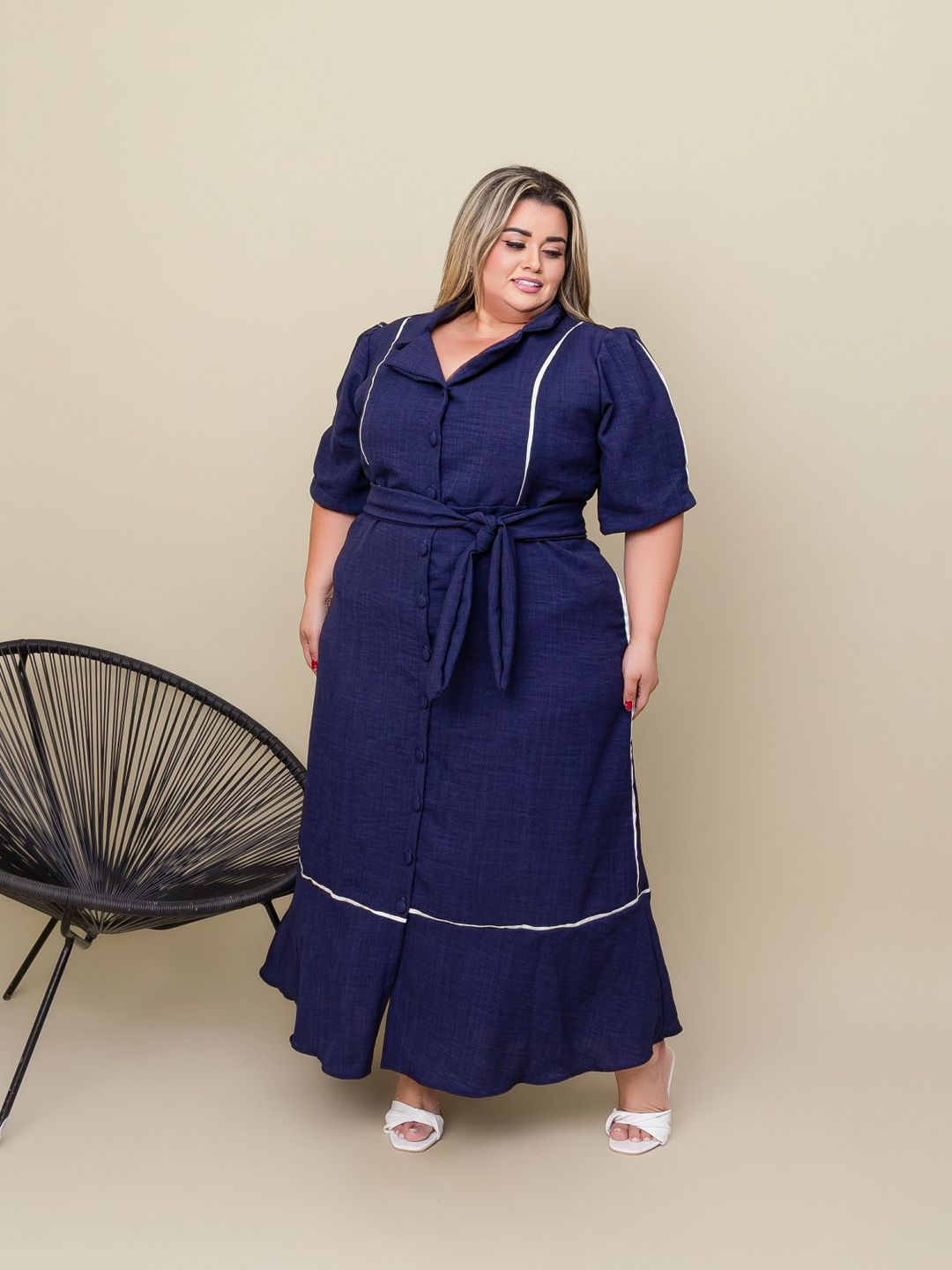 VESTIDO LONGO PLUSSIZE NO TECIDO LINHO COM FORRO