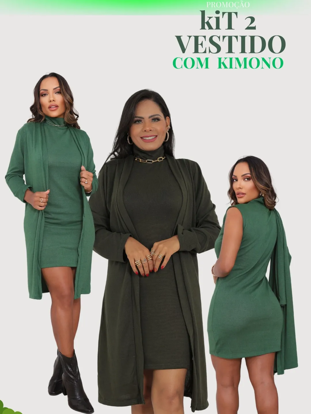 Kit 2 Vestidos Femininos Luxuosos com Kimono Cardigan Forrado Midi