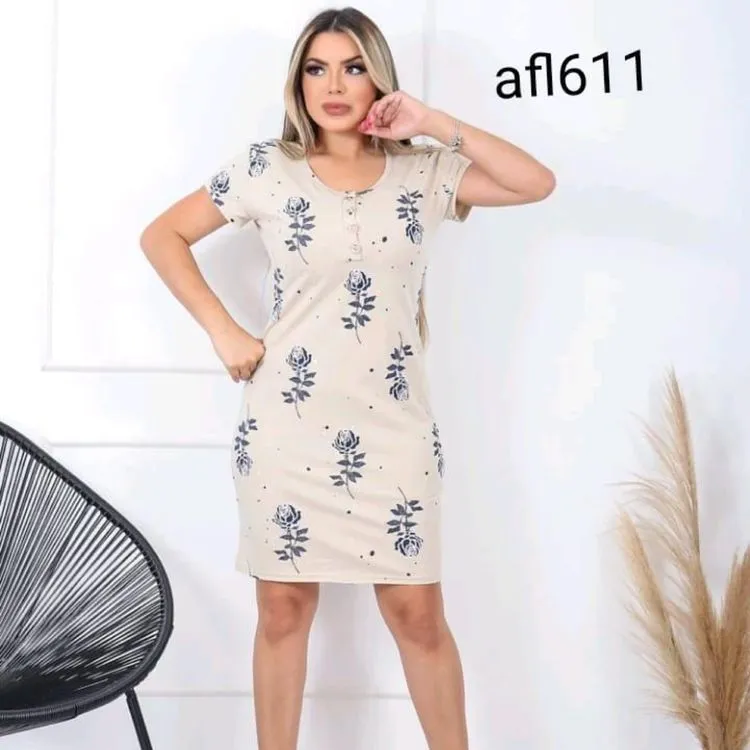 Afanda:AFL611- Vestido Midi de algodão com elastano estampado ,manga curta,com detalhe de botão na frente,super confortável e não é transparente