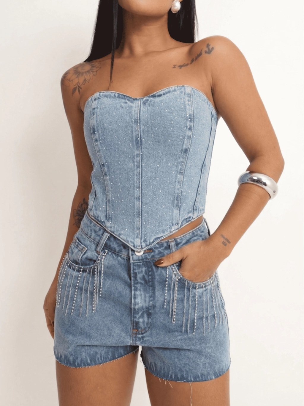 Cropped Jeans Top Tomara que Caia Brilho Strass Pedraria Lastex Elástico Corset