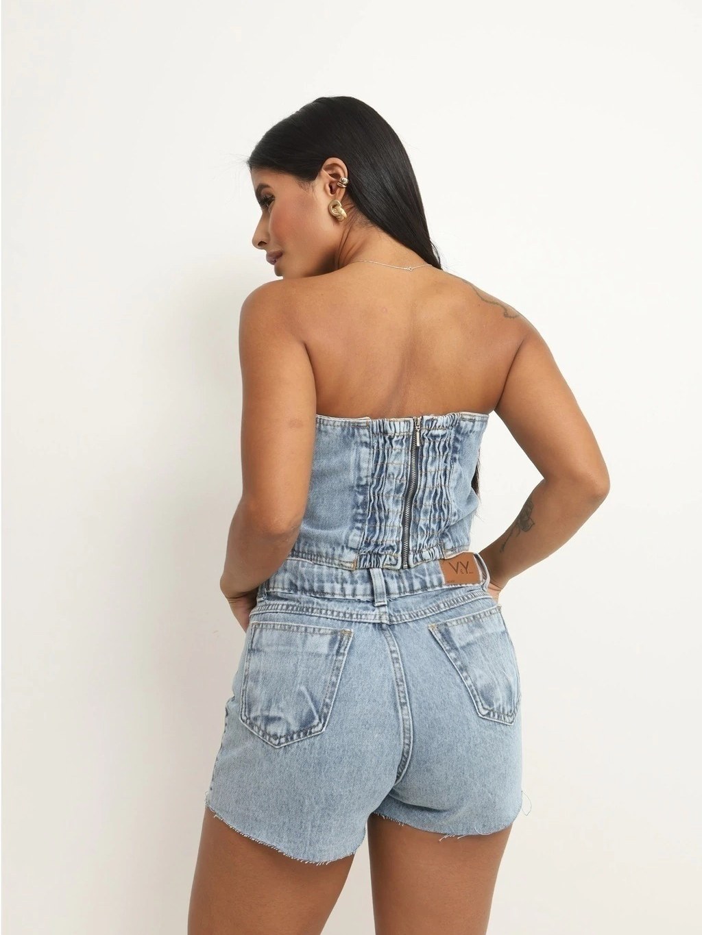 Cropped Jeans Top Tomara que Caia Brilho Strass Pedraria Lastex Elástico Corset