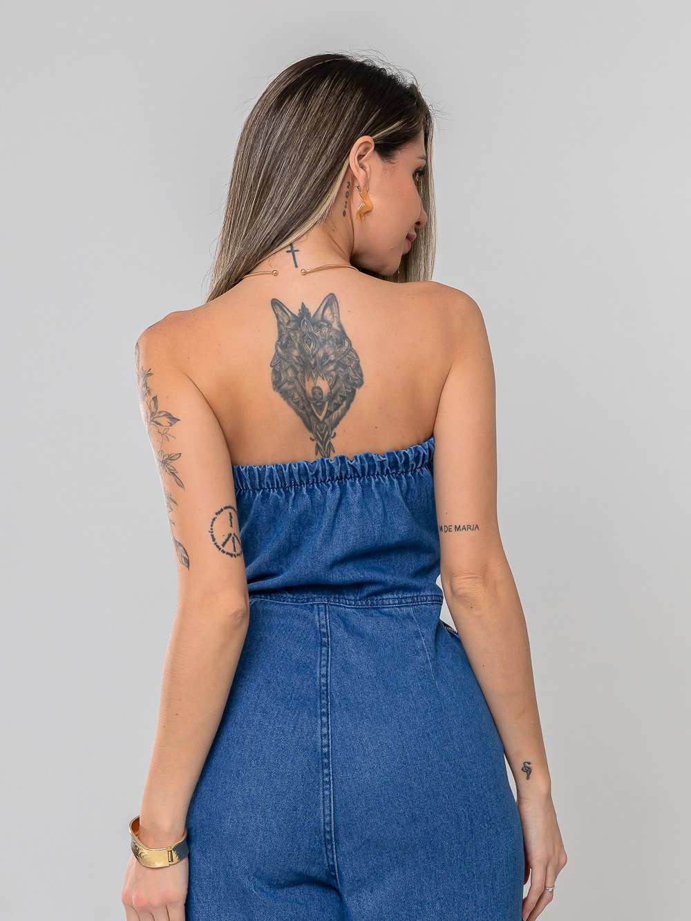Macacão Jeans Feminino Tomara que Caia Com Lastex Com Bolso