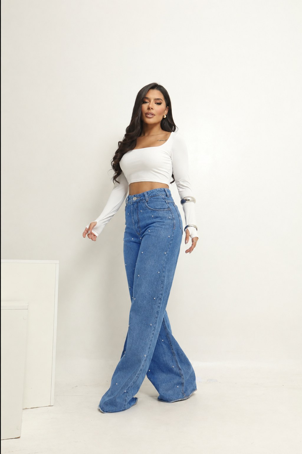 Calça Jeans Feminina Wide Leg Pedraria Pedrinhas Renata