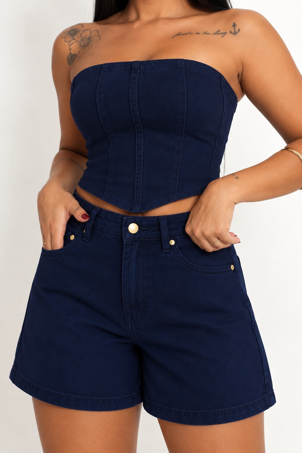 Conjunto Feminino Jeans Azul Marinho Cropped Corset Tomara que Caia + Short Mom
