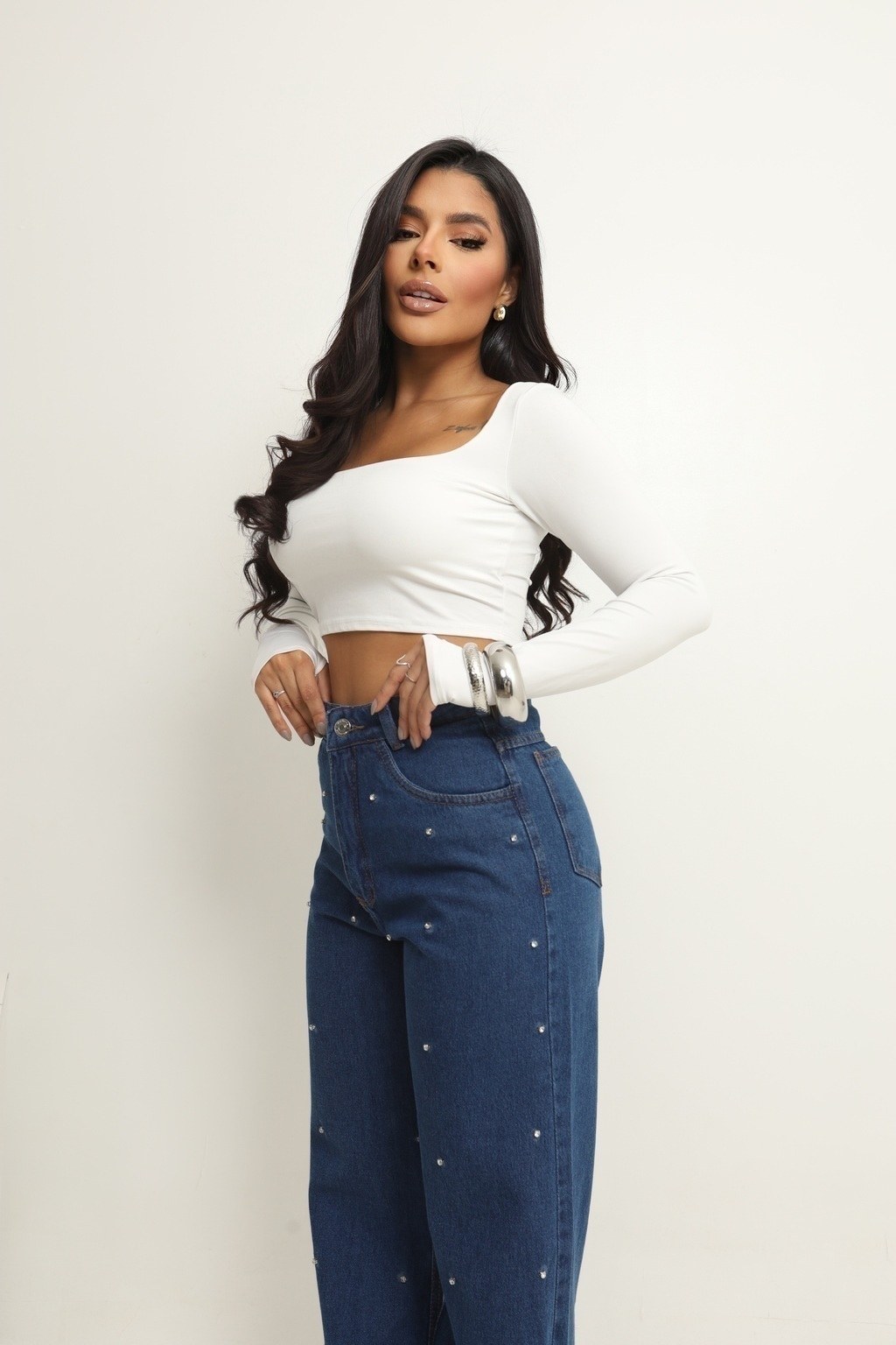 Calça Jeans Feminina Wide Leg Pedraria Pedrinhas Renata