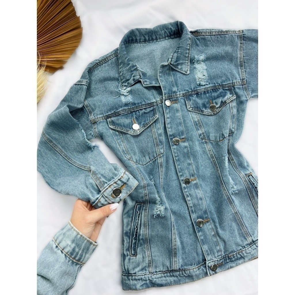 Max Jaqueta Jeans Feminina Com Bolso Puído Botão Prata Melhor Qualidade