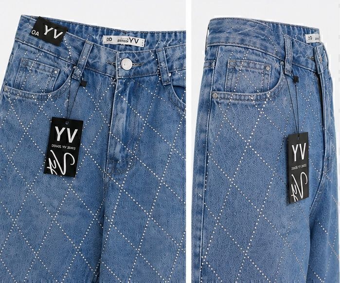 Calça Jeans Feminina Mom Pedraria Losango Laser Com Bolso