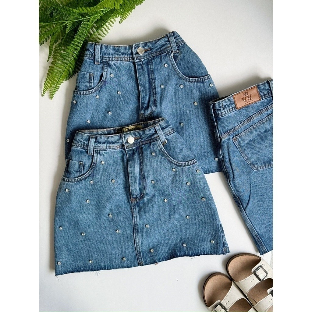 Saia Jeans Feminina Pedraria Pedrinha Com Bolso