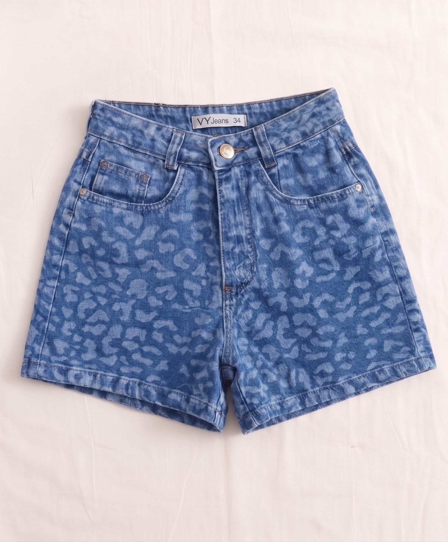 Short Jeans Feminino Mom Cintura Alta Animal Print Oncinha