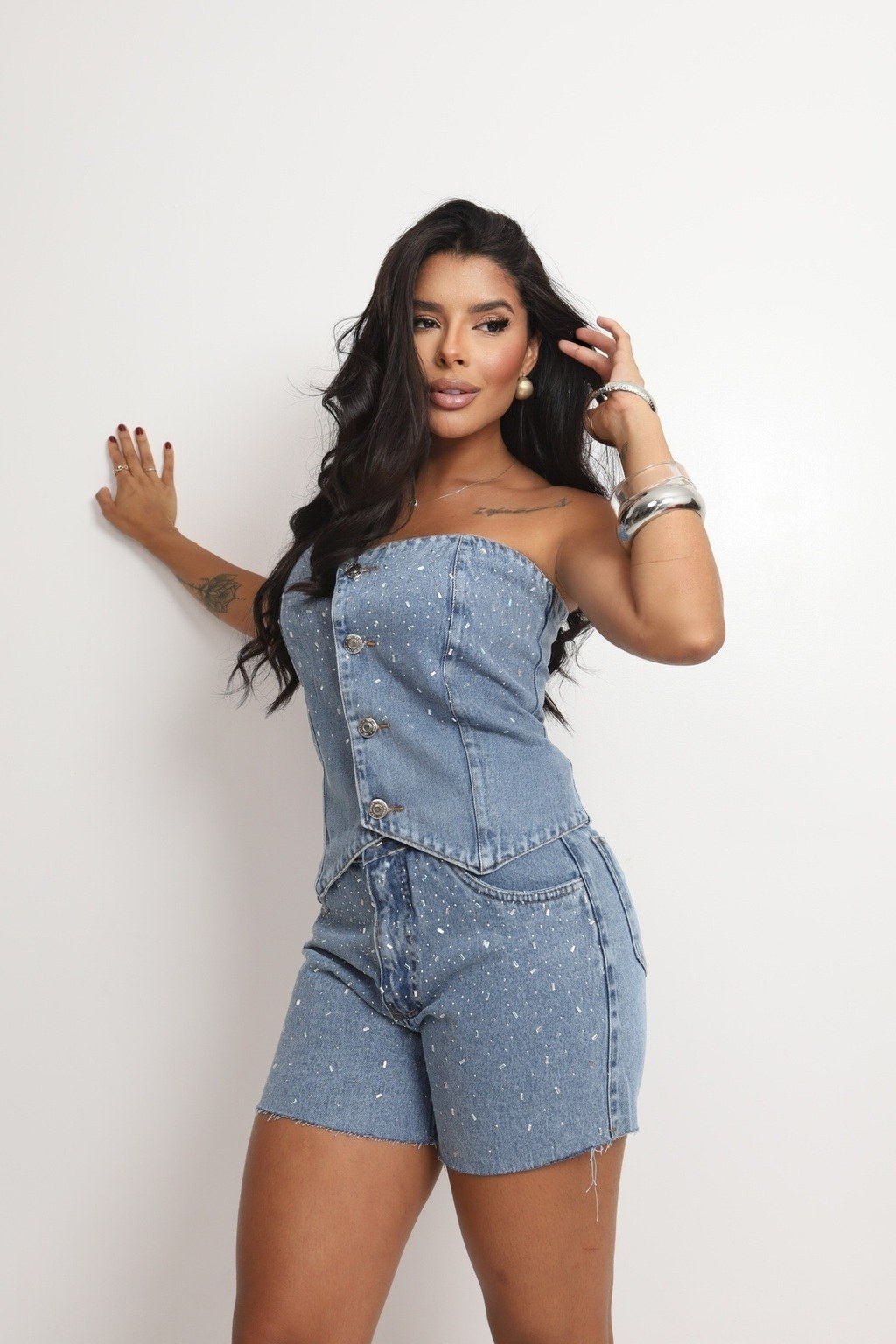 Conjunto Feminino Jeans Cropped + Short Pedraria Aplique Granulado Feminino Com Bolso(Lavagem Média,46)