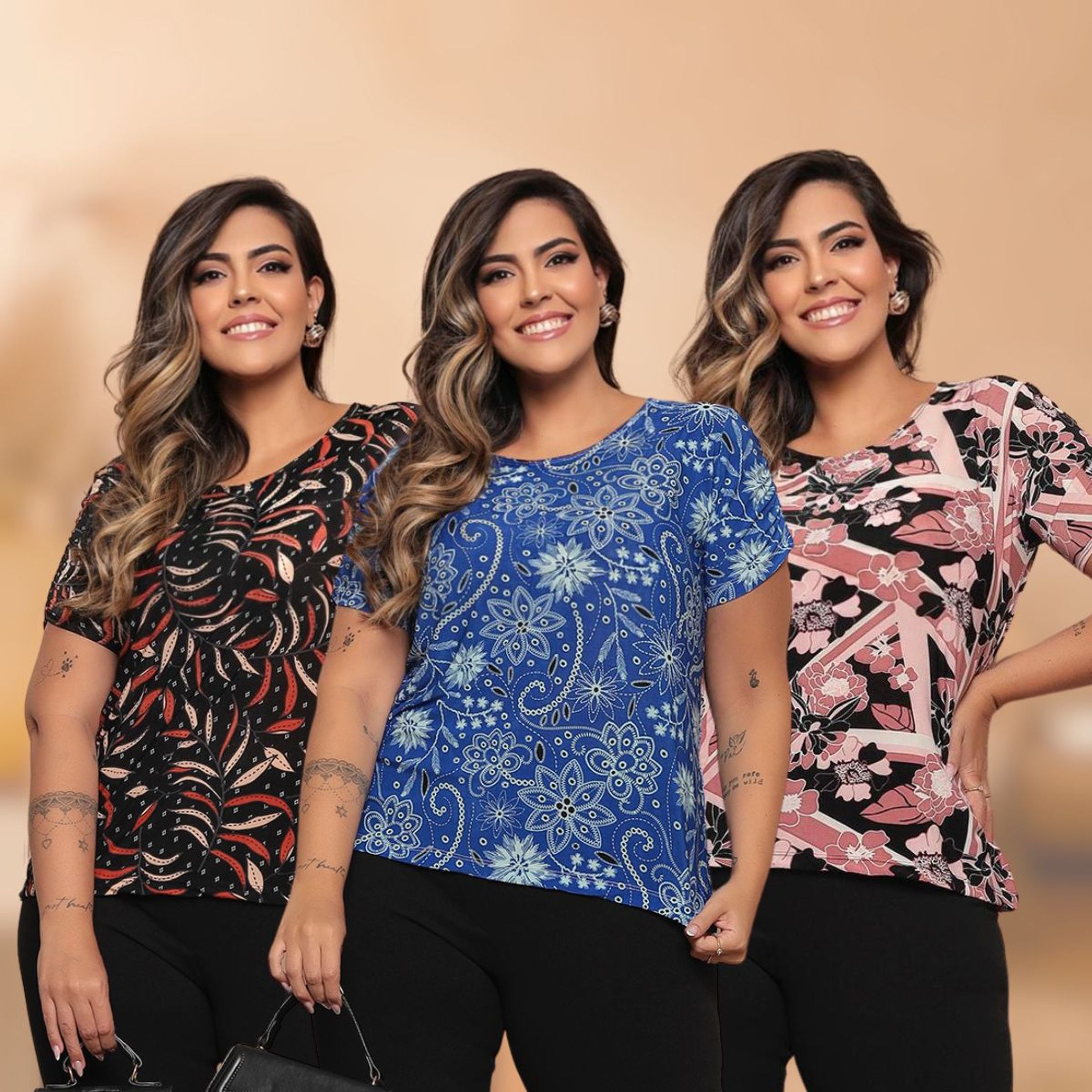 Kit 3 Blusas Plus Size Estampada Casual Manga Curta Liganete Estampa Sortida