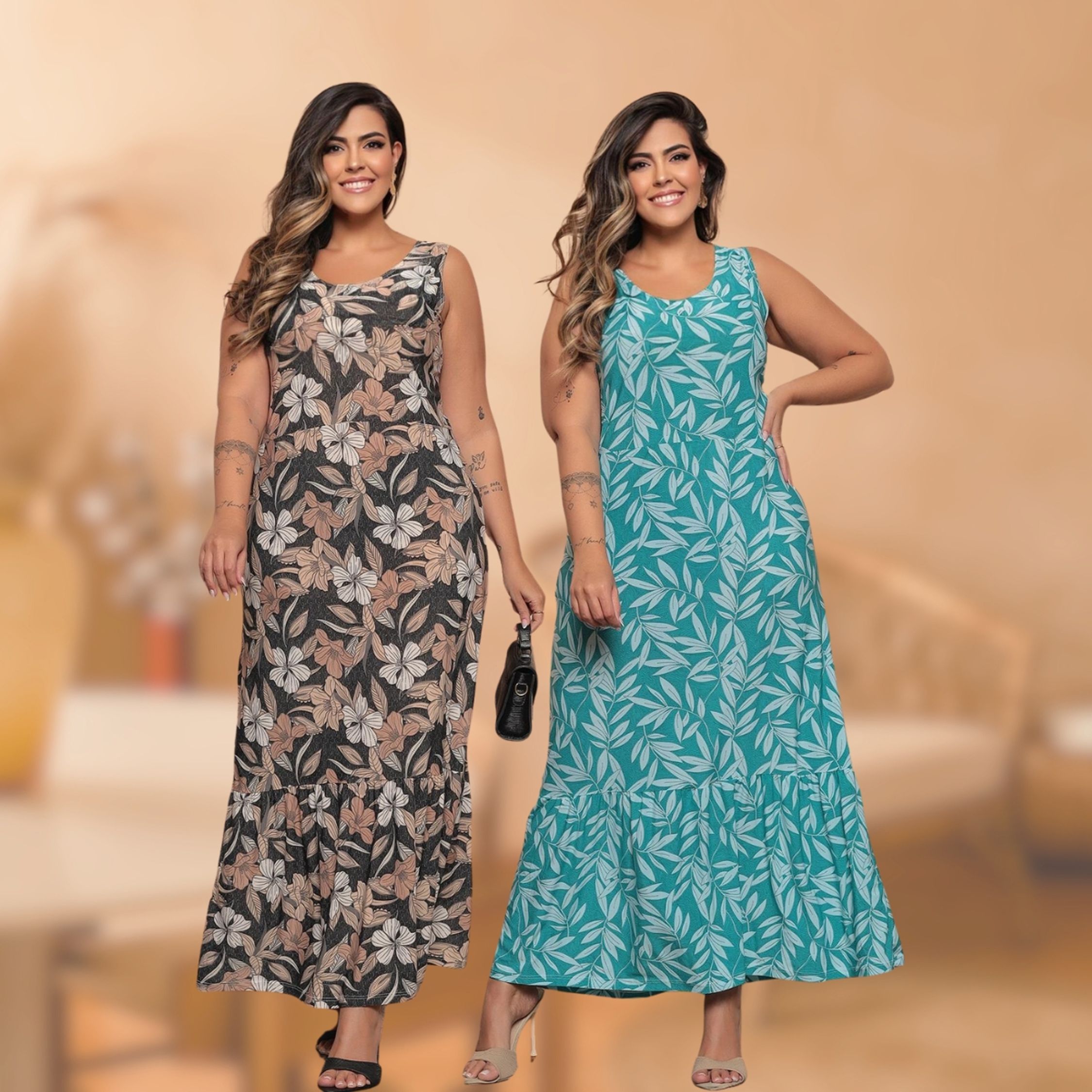 Kit 2 Vestidos Longos Plus Size Estampado Regata Com Babado Cor e Estampa Sortida