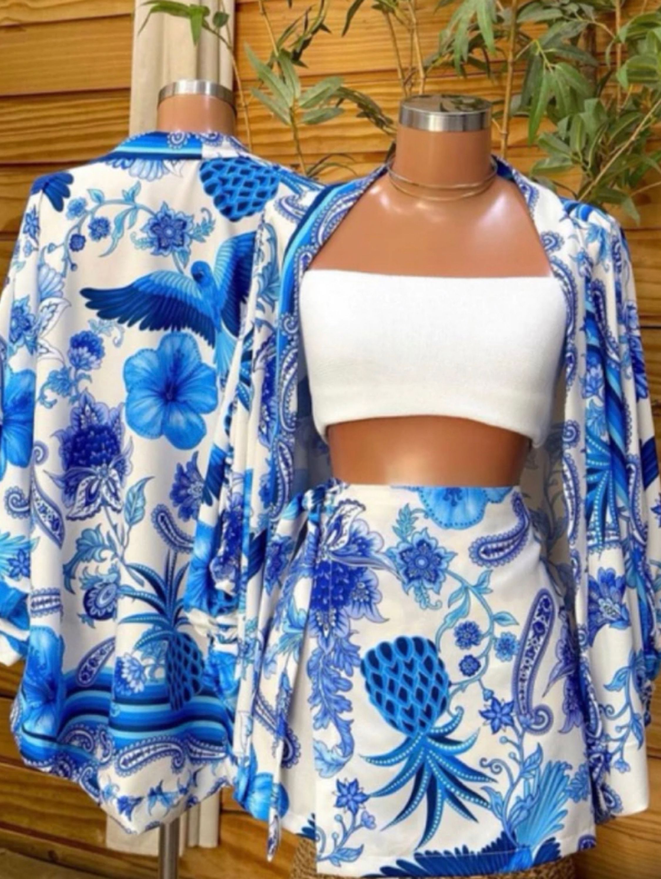 conjunto kimono e short saia feminino estampado