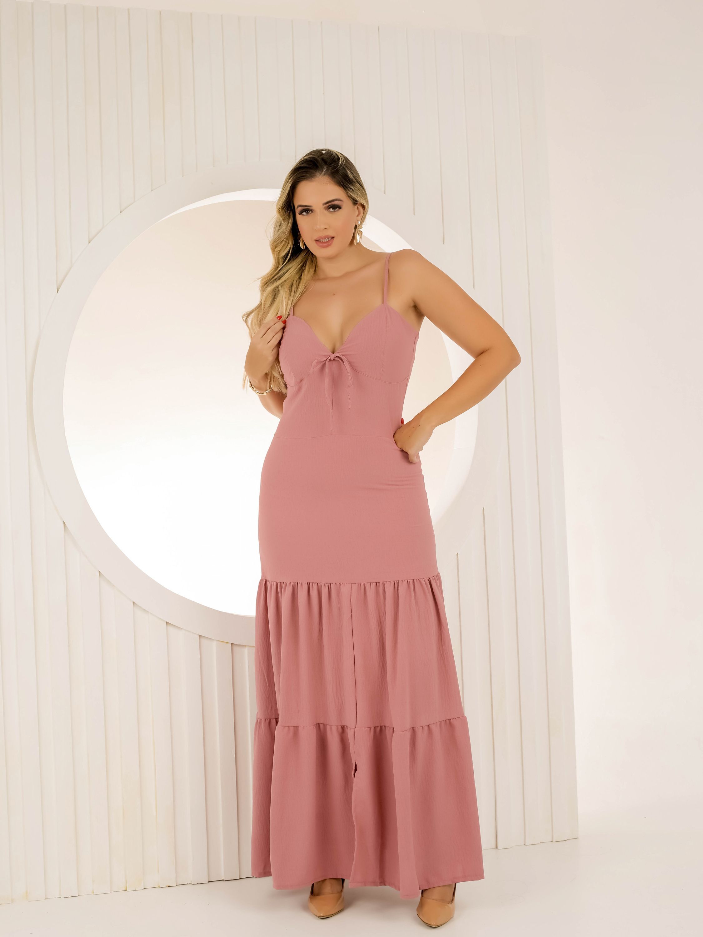 Vestido Longo em Tecido Creppe Duna