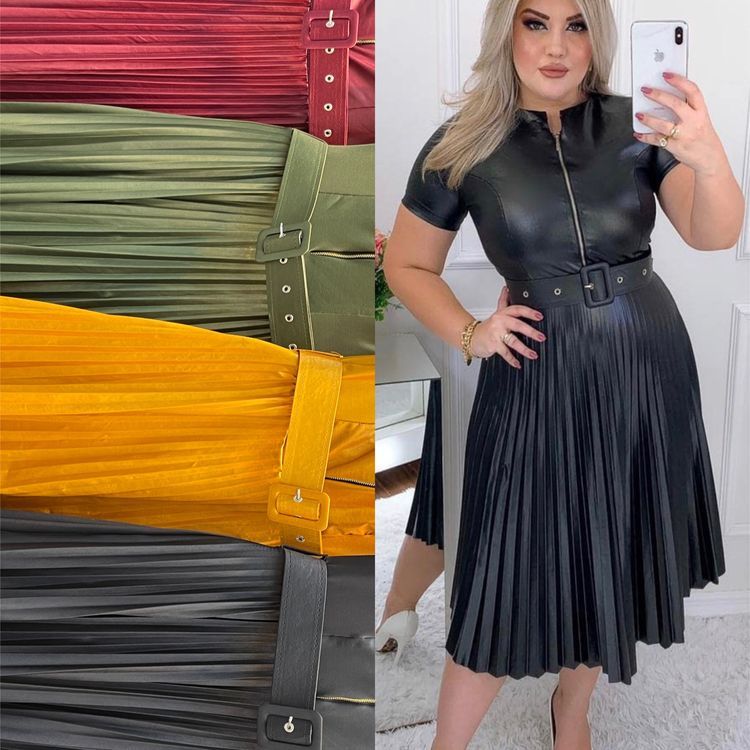 Vestido plissada MIDI com cinto cirrê