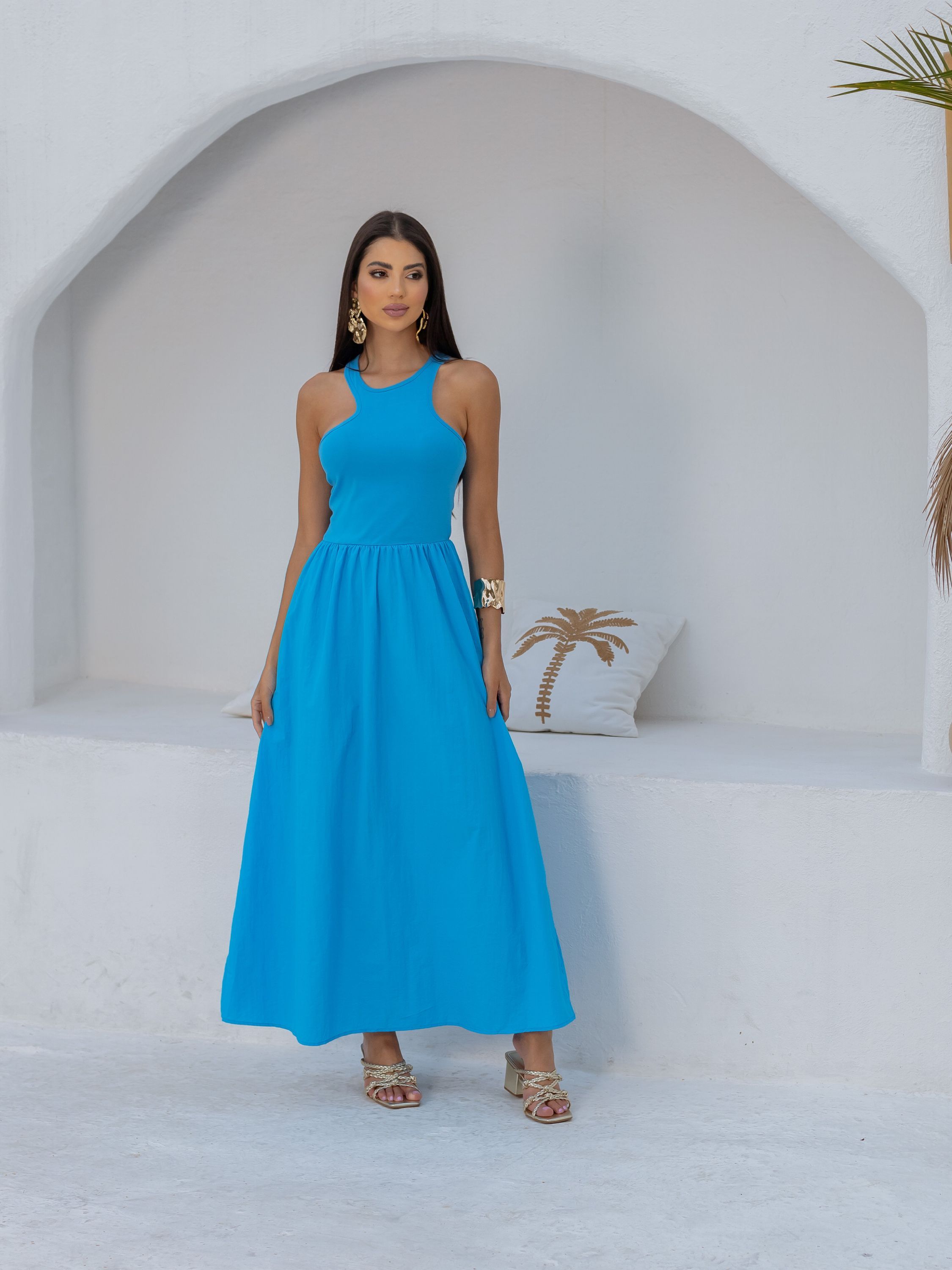 Vestido Feminino Midi Sem mangas com Corte franzido