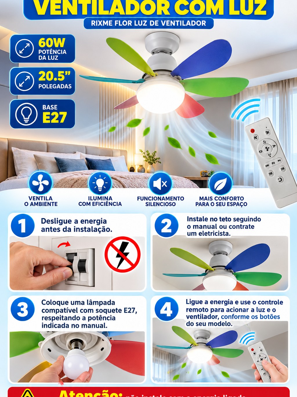 Ventilador de Teto com Luz Colorido – Base E27