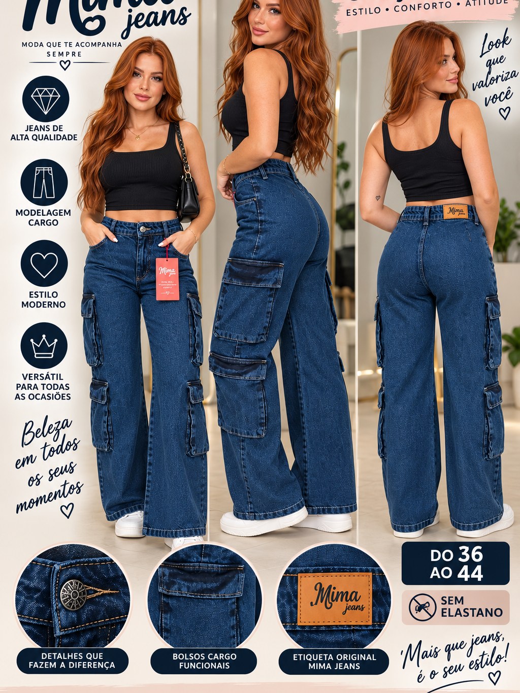 Calça Wide Leg com bolsos cintura alta