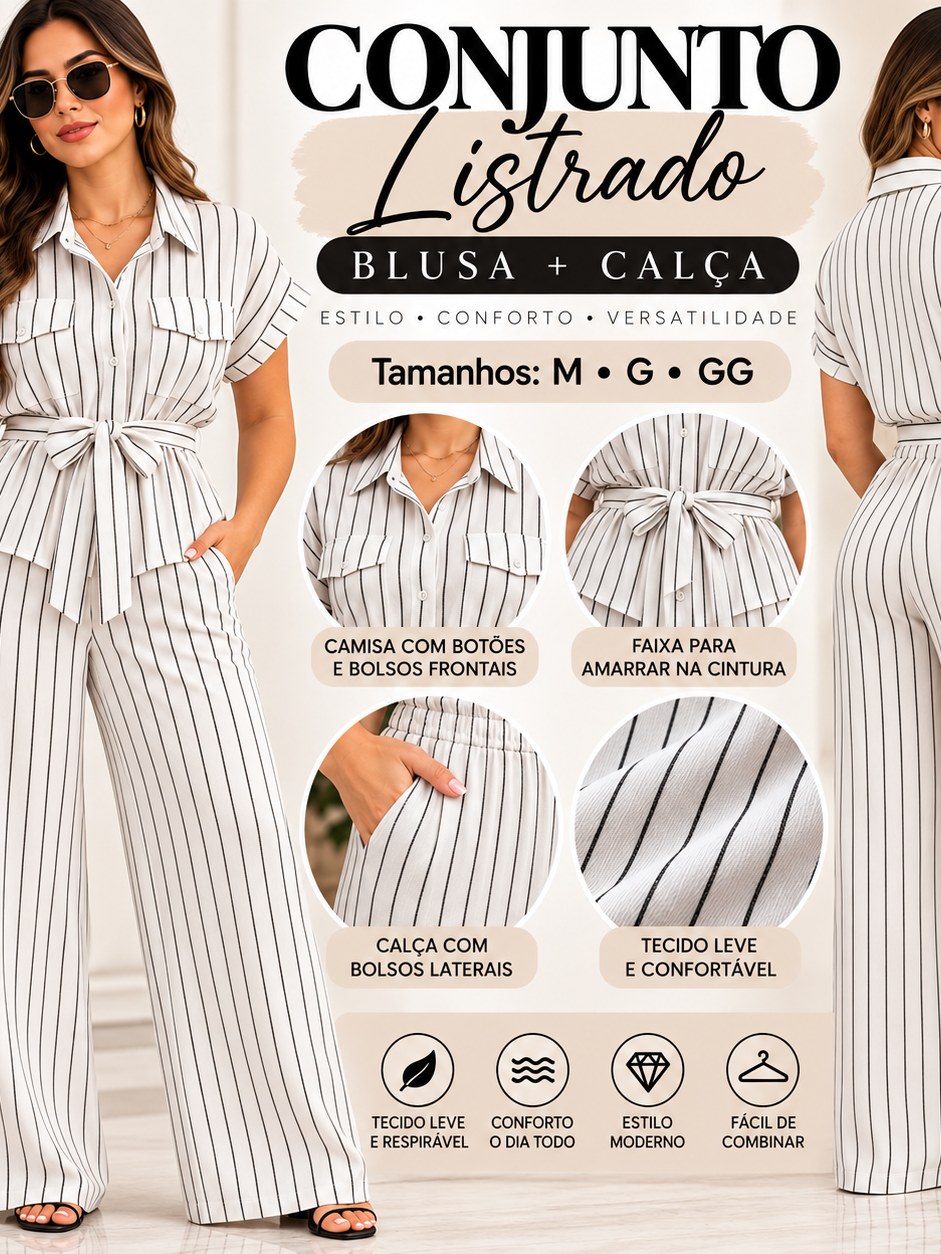 CONJUNTO FEMININO LISTRADO – ELEGÂNCIA E CONFORTO! ✨