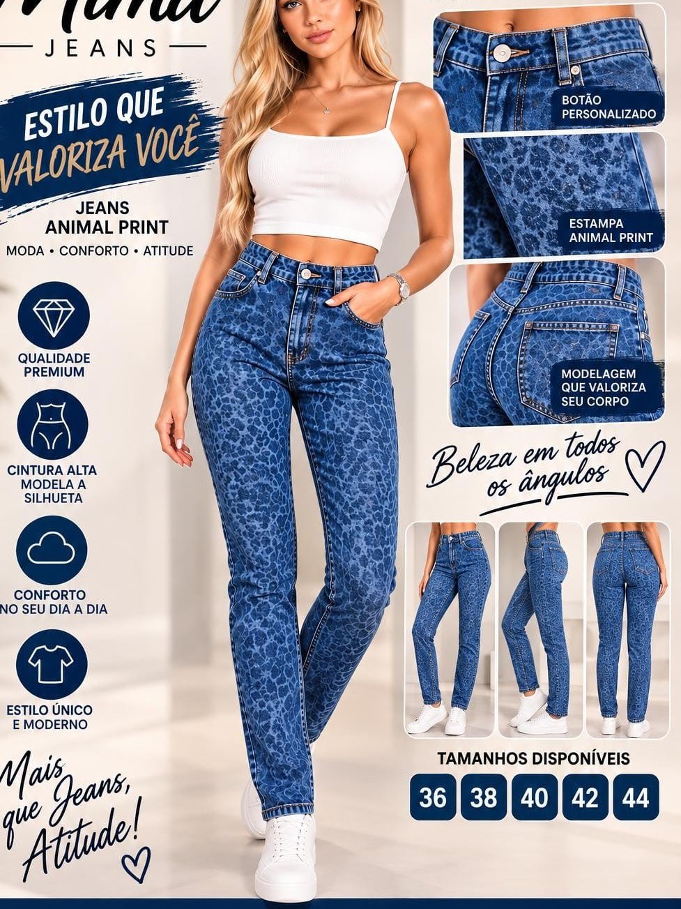 Calça jeans feminina animal print cintura alta Moda casual.