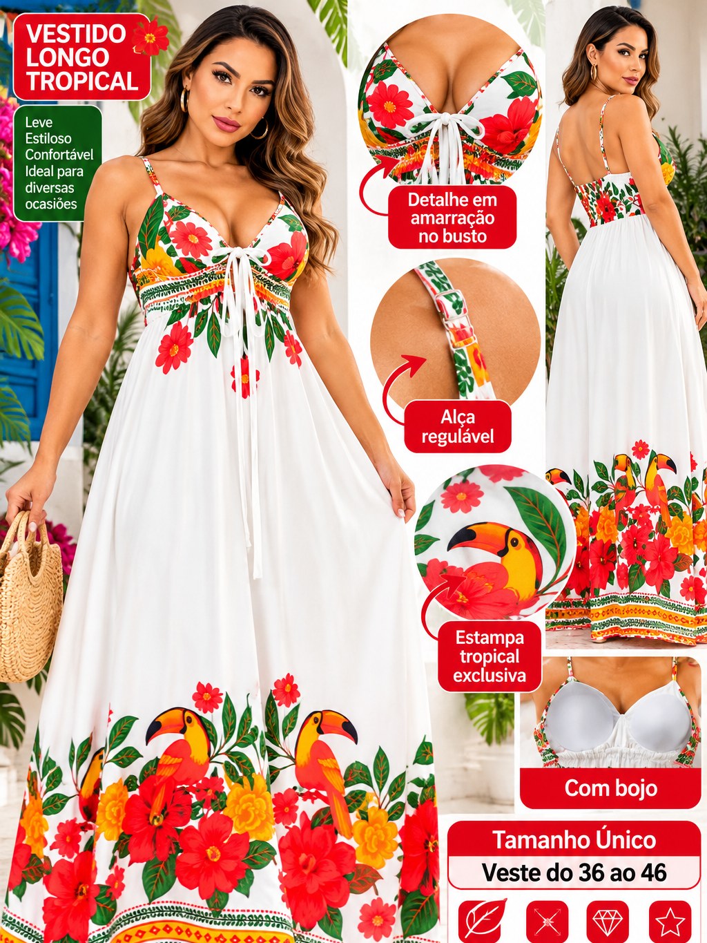 Vestido Longo Feminino Tropical Estampado com Bojo