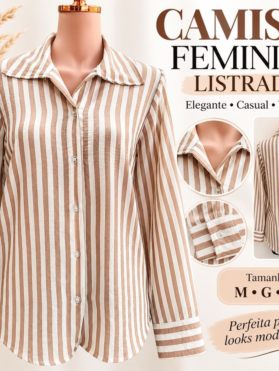 Camisa feminina listrada elegante tendência 2026