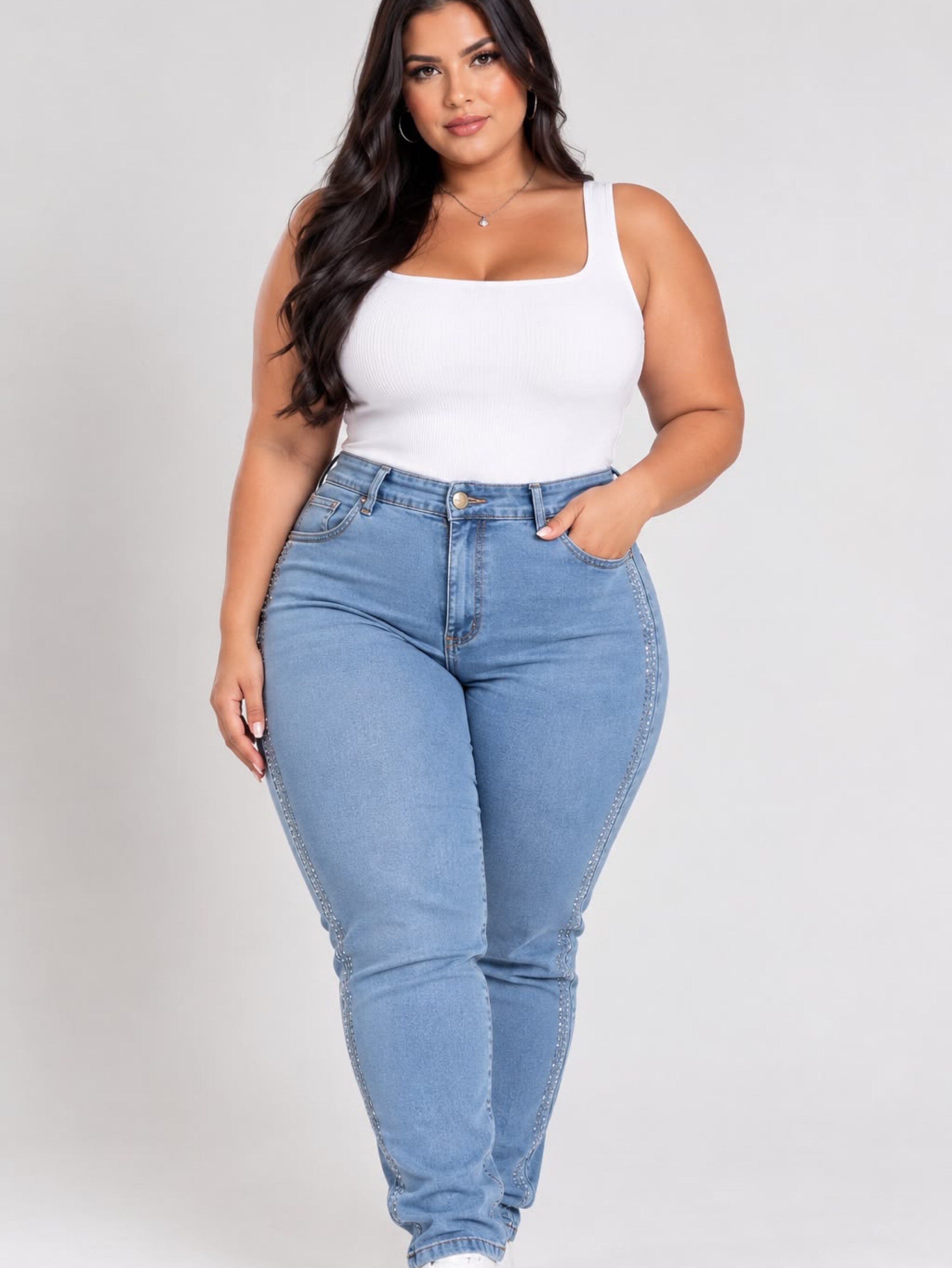 Calça skinny plus size com brilho lateral