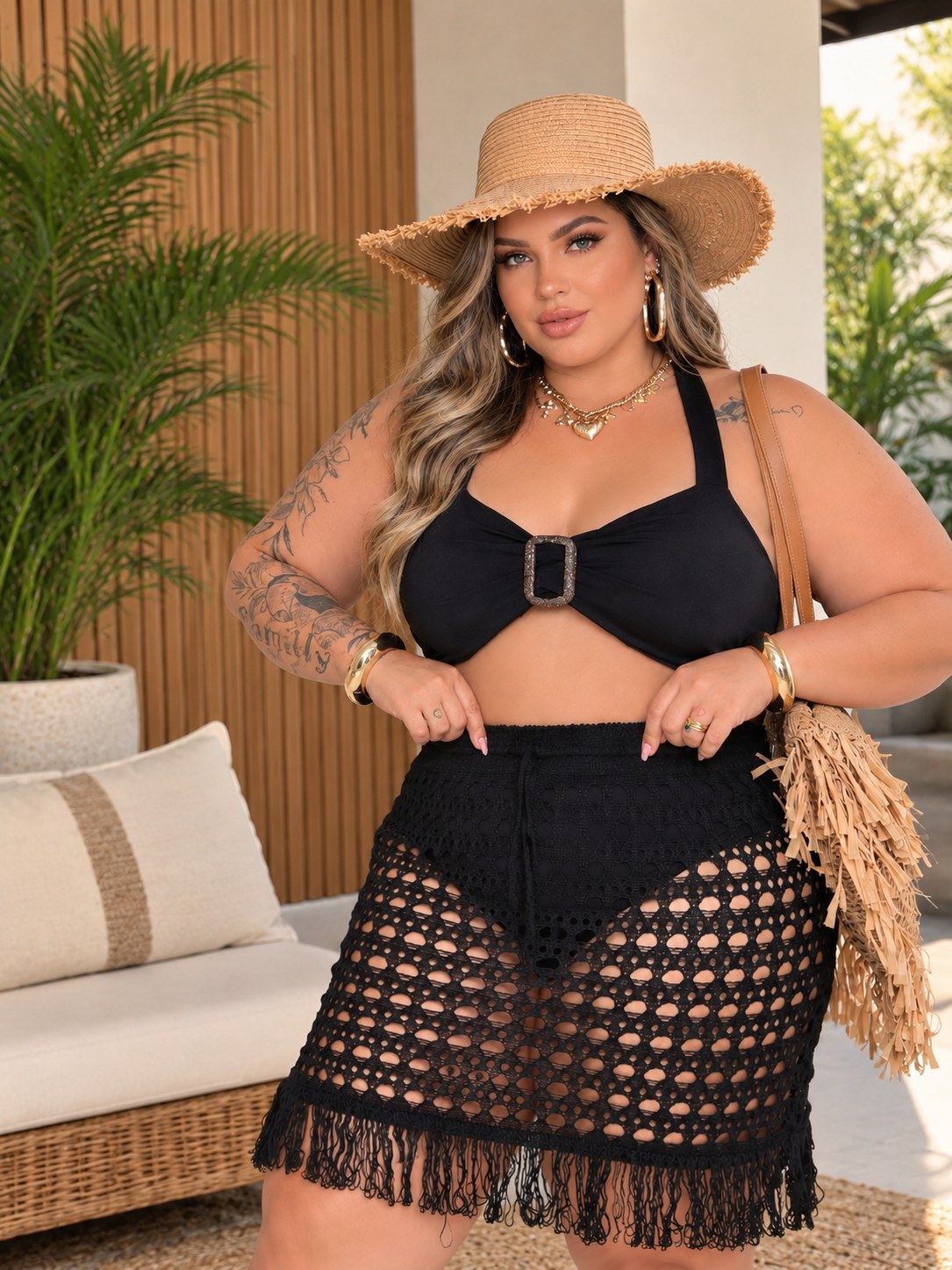 Saida de Praia Saia Plus Size com franja tricot femimina