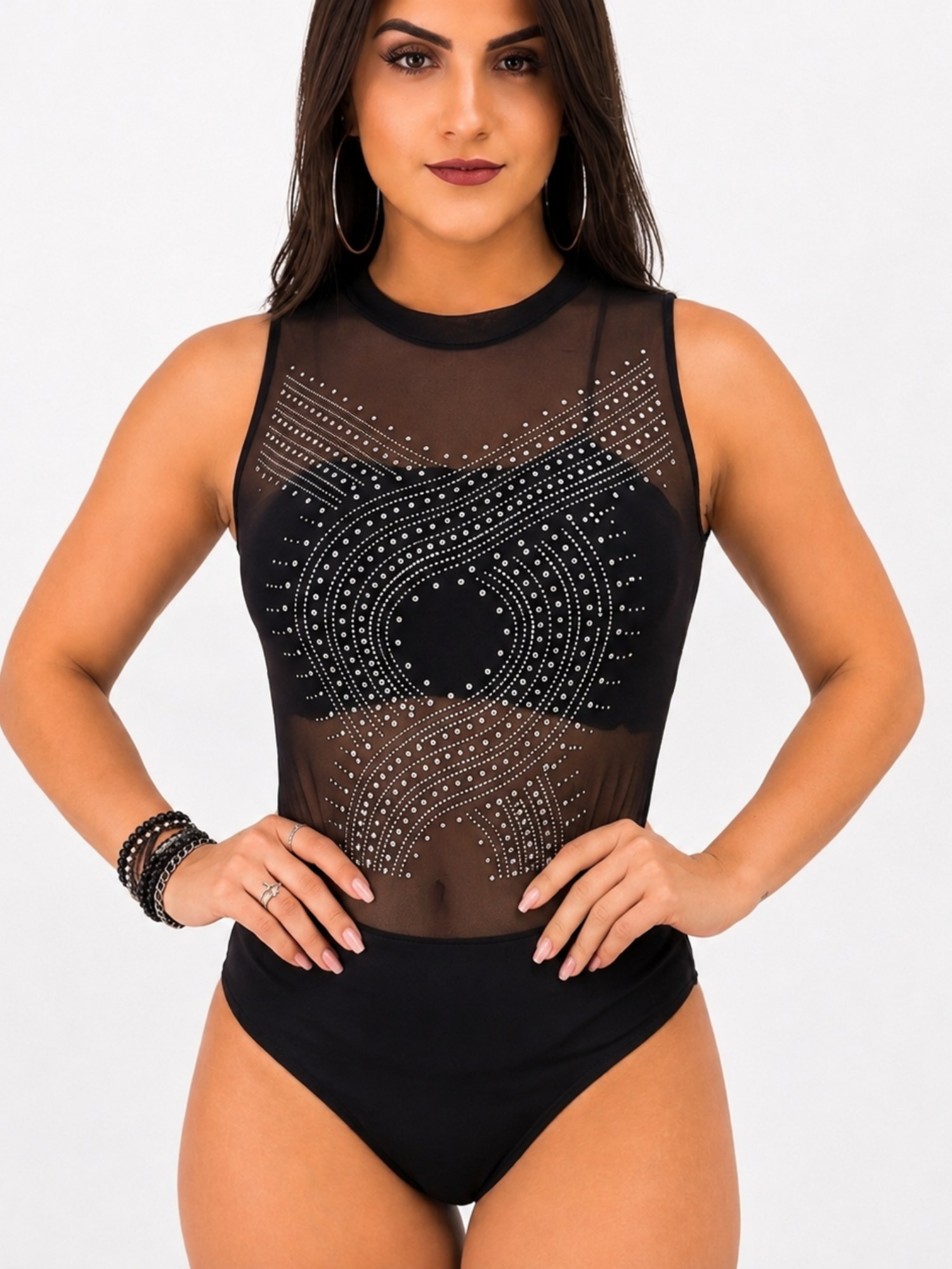 Body Regata Tule Transparente Strass Brilho Infinito