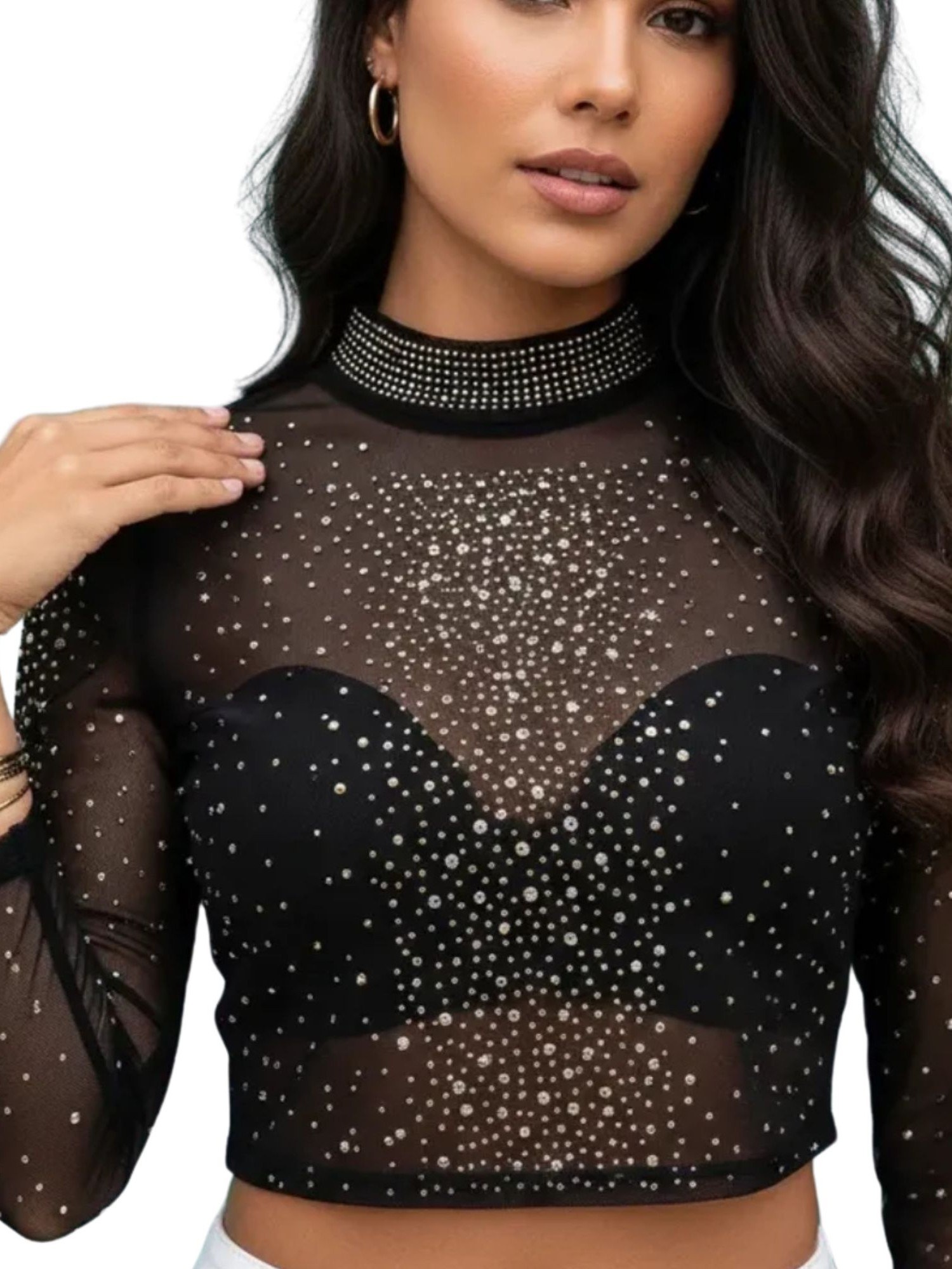 Blusa Cropped Tule Transparente de Strass Brilhante Explosao