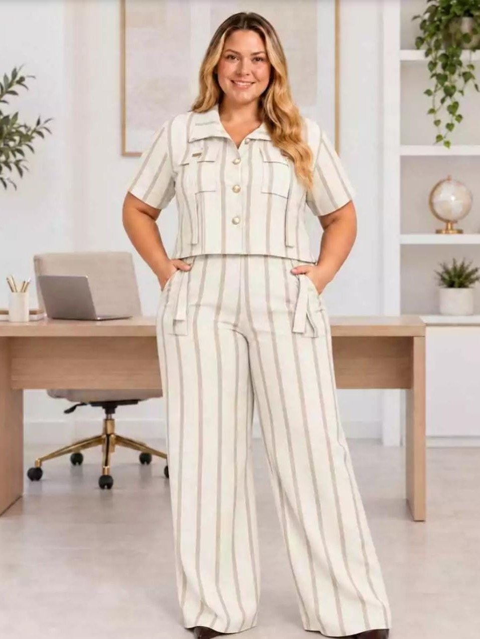 Conjunto Calça e blusa Plus Size listrada Thalita