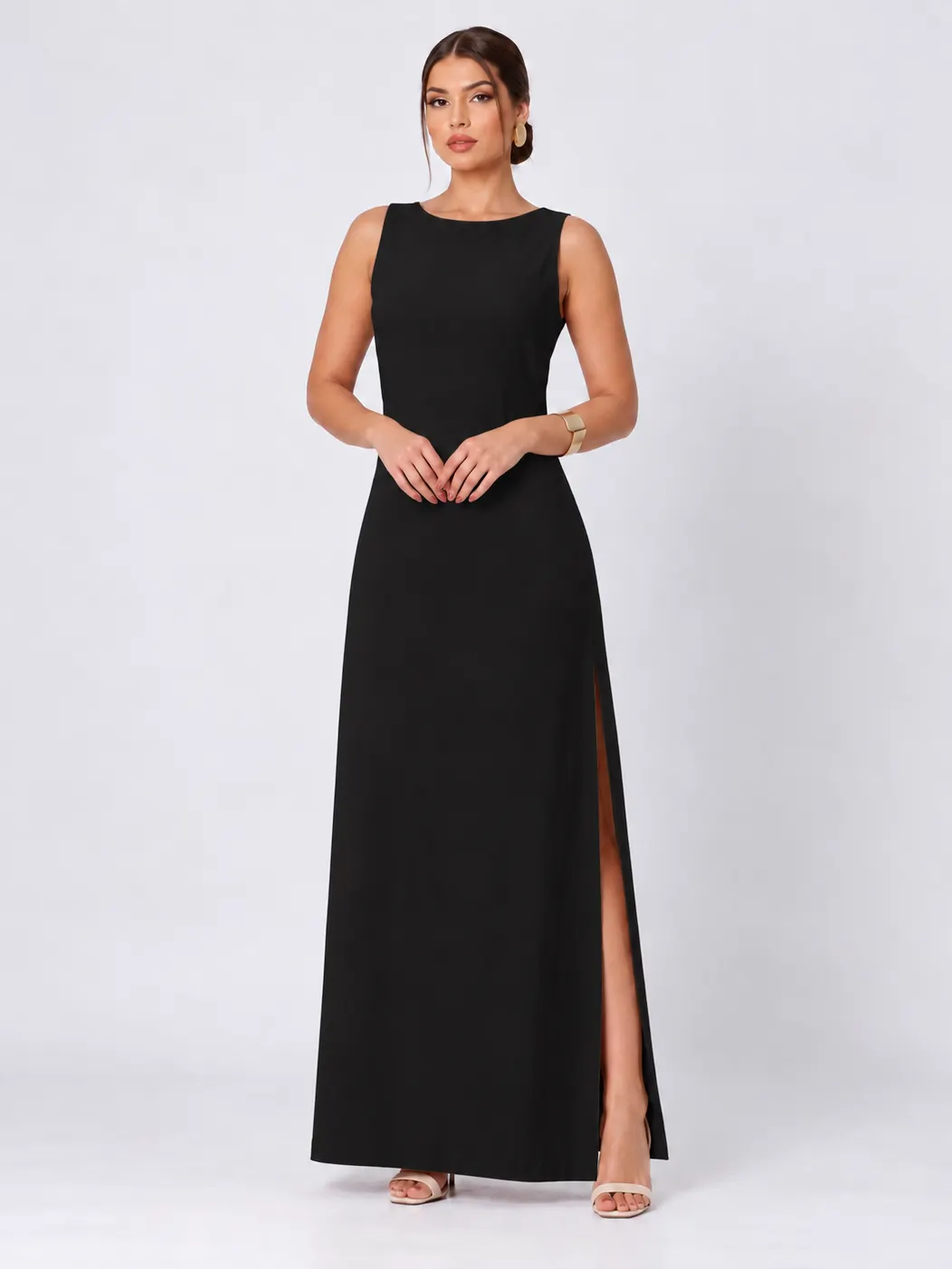 Vestido Longo Sarja Caimento Leve,Zíper Do Lado, Amarração