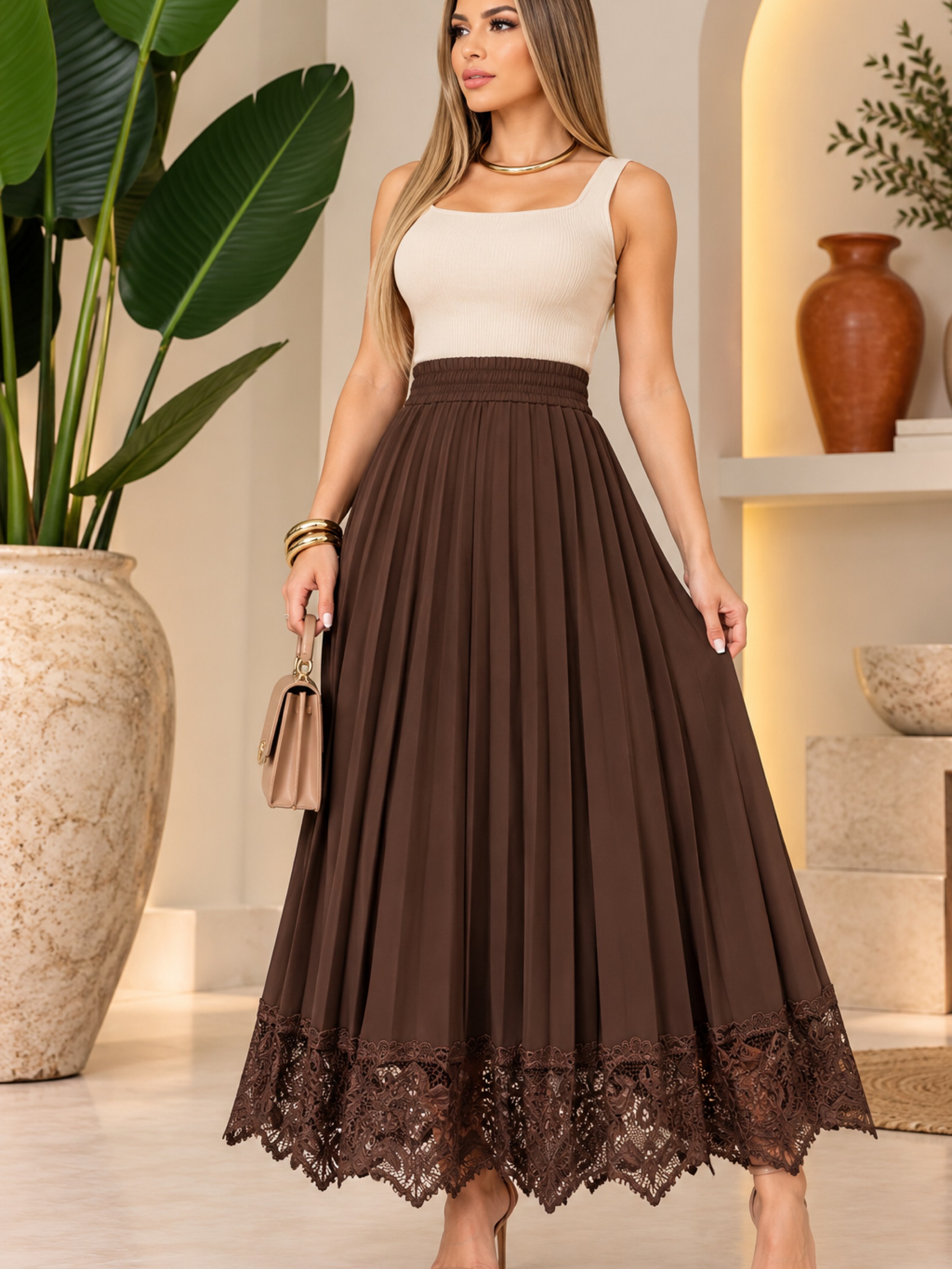 Elegante Saia Plisadal Feminina Longa Forrada Verão