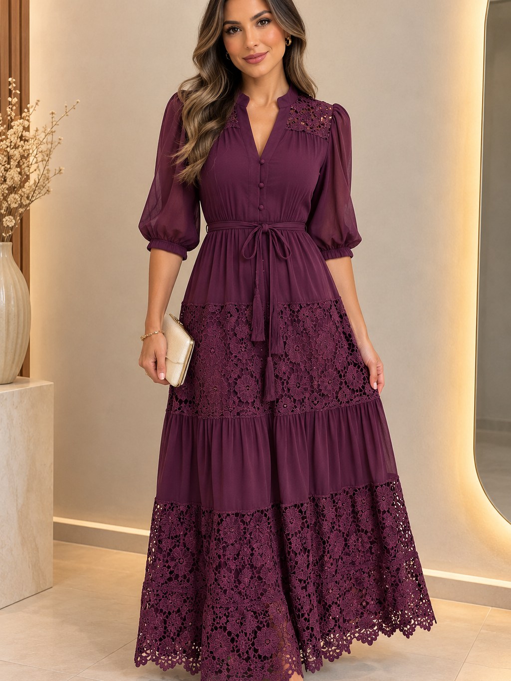 Veste Lucy Vestido Longo Rendado com Mangas Bufantes