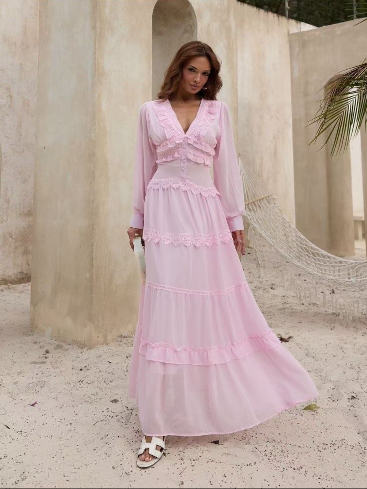 Veste Lucy Vestido Longo Decote em V Mangas Longas AA4464