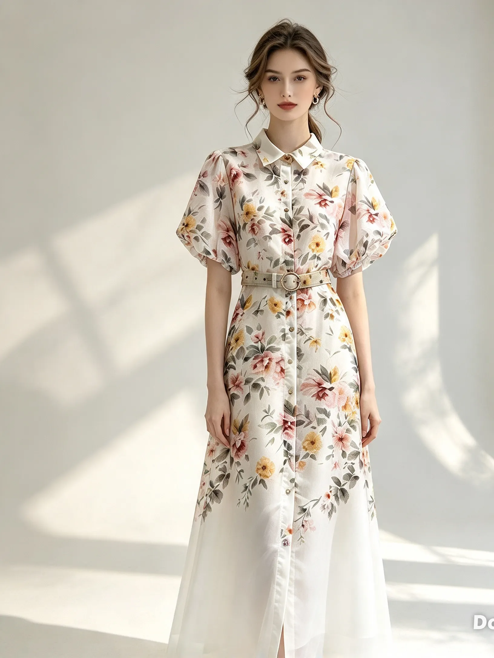 Vestido Longo Floral Chiffon Com Cinto E Manga Bufante VS105
