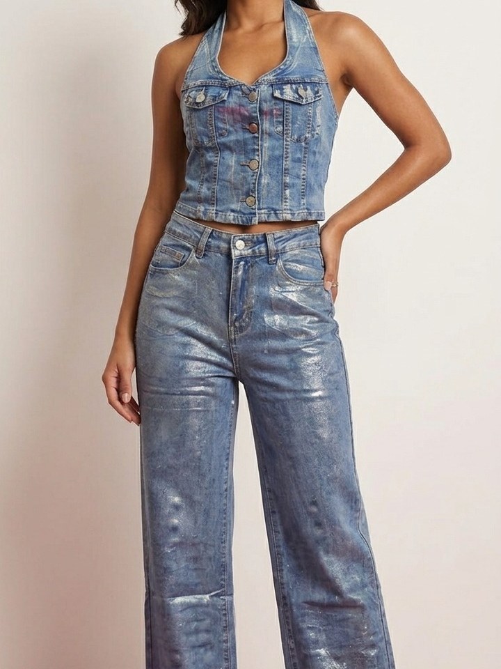 Conjunto Feminino Brilhoso Cropped e Calça 106-NZ240302-B