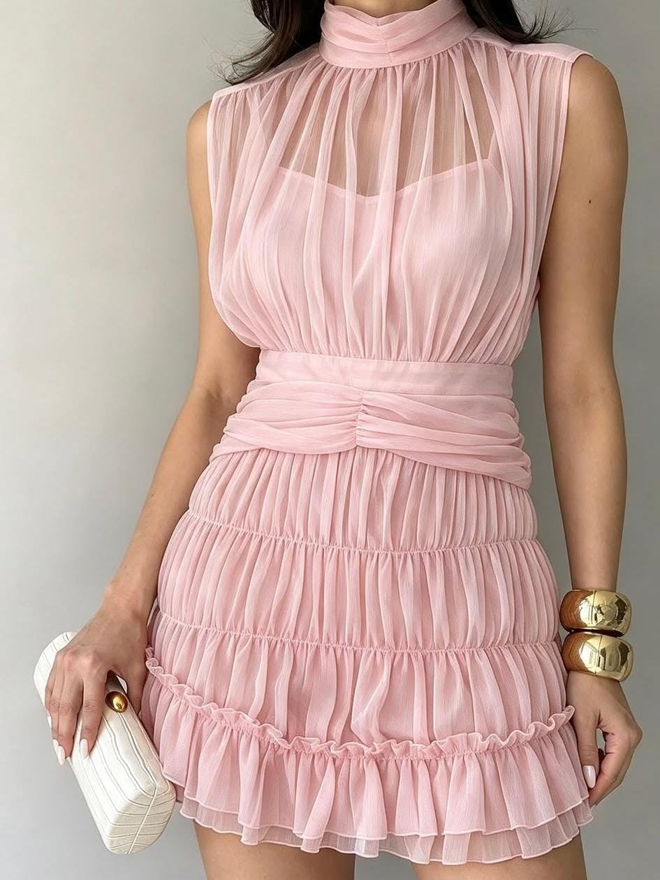 Vestido Curto Fluido com Gola Subida e Cintura Marcada