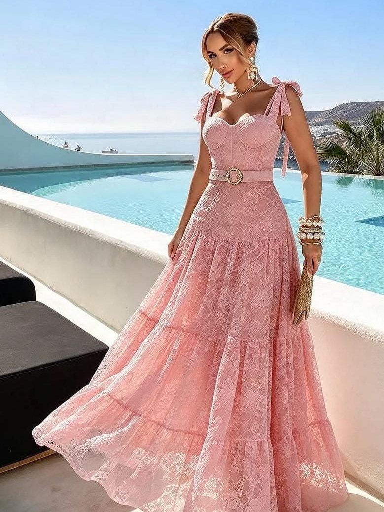 Vestido Longo de Renda com Corset e Cinto